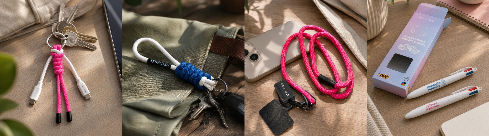 Produits personnalisés pour Octobre Rose et Movember : câble USB rose, porte-clés cordelette, cordon téléphone rose, stylo BIC Moustache solidaire